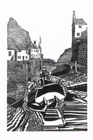 Staithes harbour, lwood engraving hand printed 